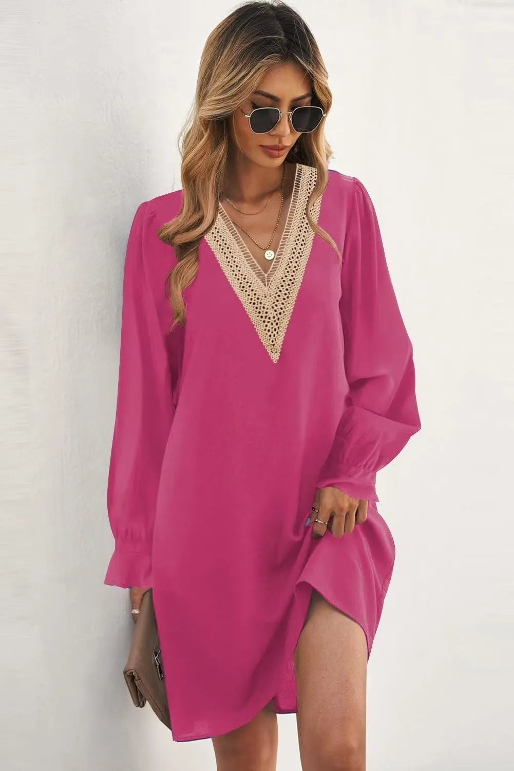 Wkior Long Sleeve Dress for Women V Neck Casual Cute Loose Flowy Swing Shift Dresses(S-2XL)