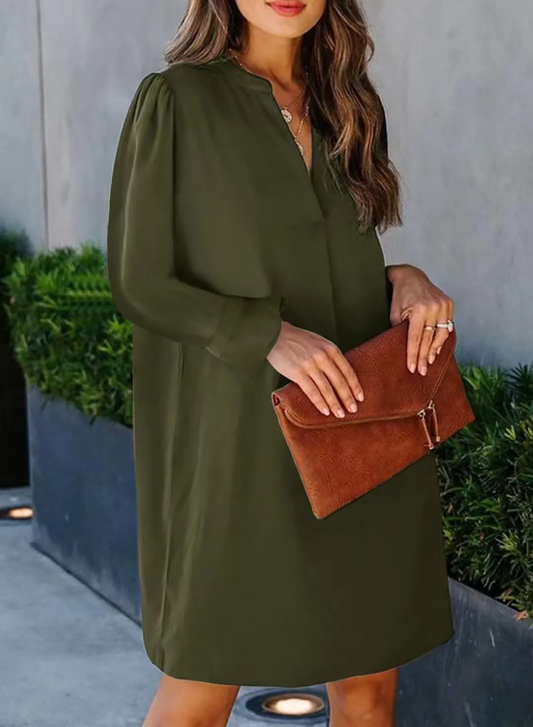 Wkior Long Sleeve Dress for Women V Neck Casual Cute Loose Flowy Swing Shift Dresses(S-2XL)