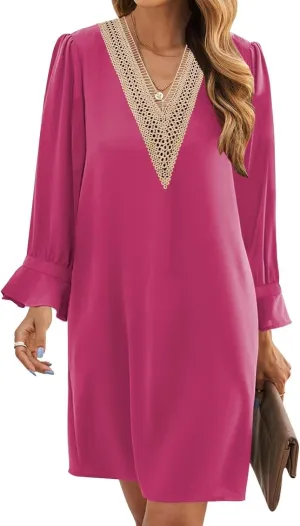 Wkior Long Sleeve Dress for Women V Neck Casual Cute Loose Flowy Swing Shift Dresses(S-2XL)