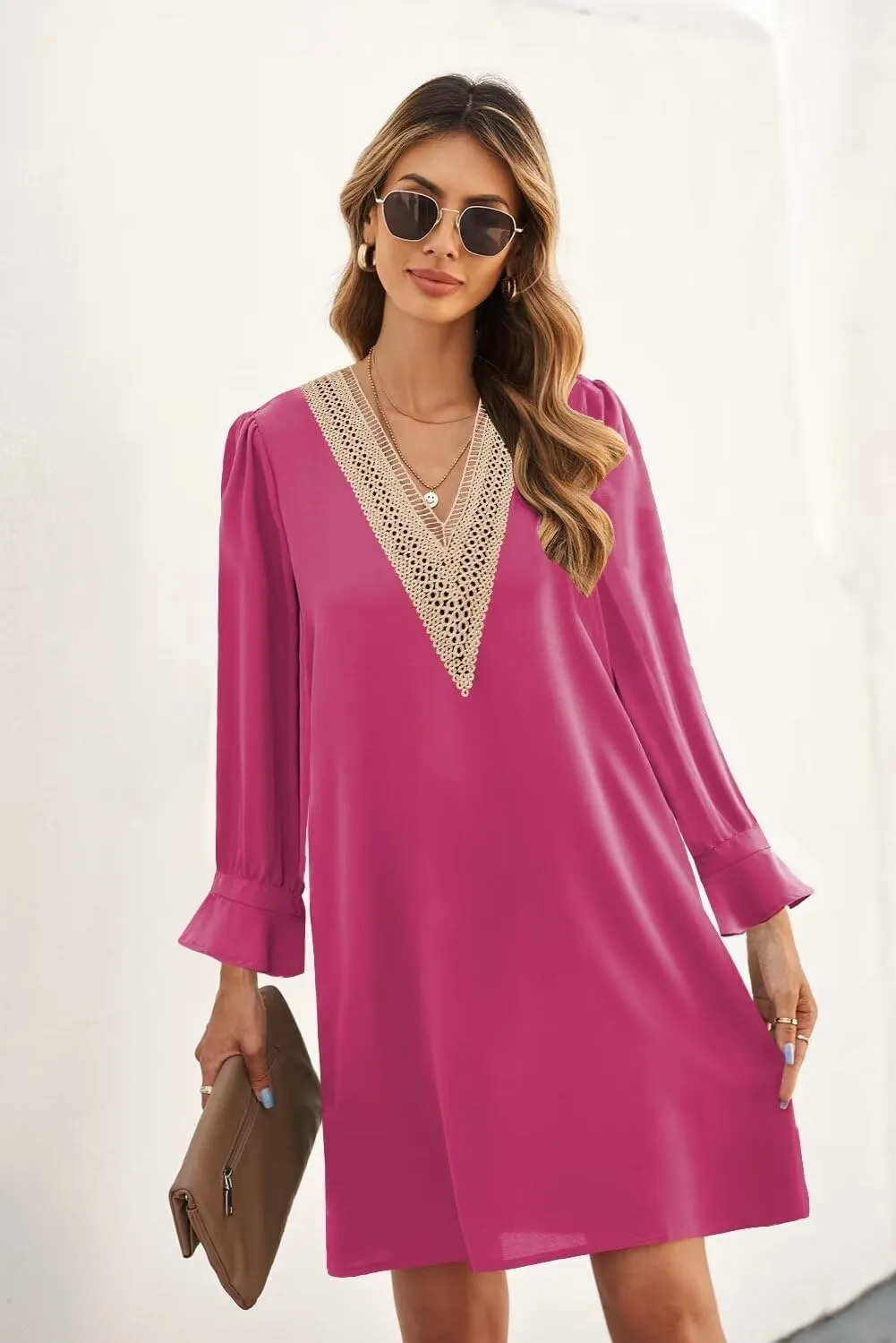 Wkior Long Sleeve Dress for Women V Neck Casual Cute Loose Flowy Swing Shift Dresses(S-2XL)