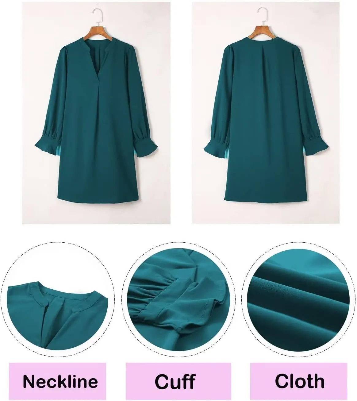 Wkior Long Sleeve Dress for Women V Neck Casual Cute Loose Flowy Swing Shift Dresses(S-2XL)