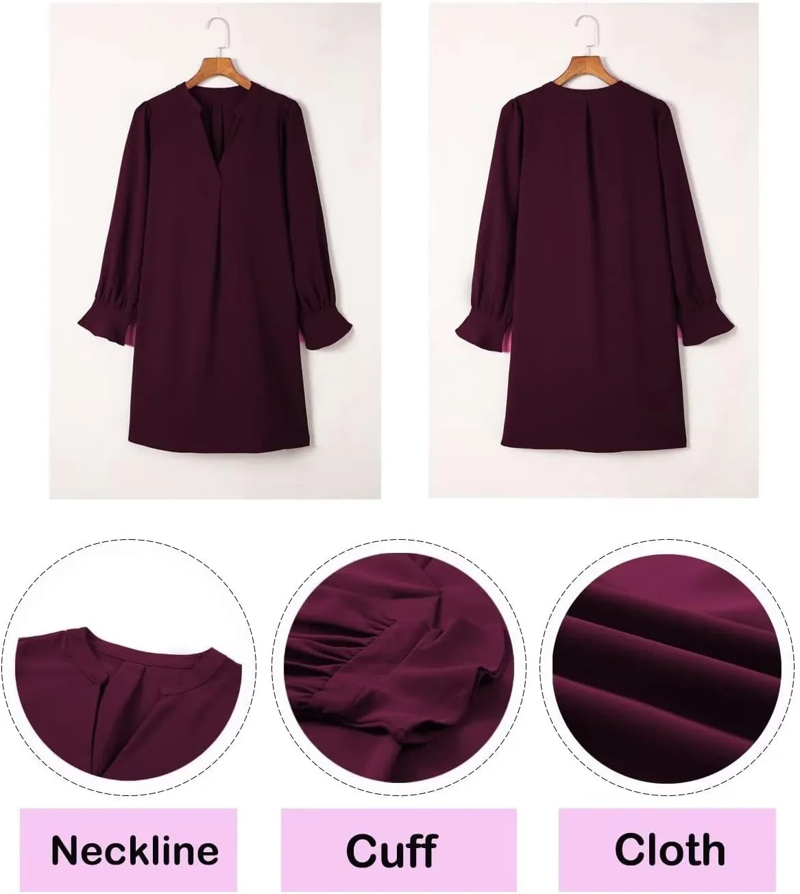 Wkior Long Sleeve Dress for Women V Neck Casual Cute Loose Flowy Swing Shift Dresses(S-2XL)