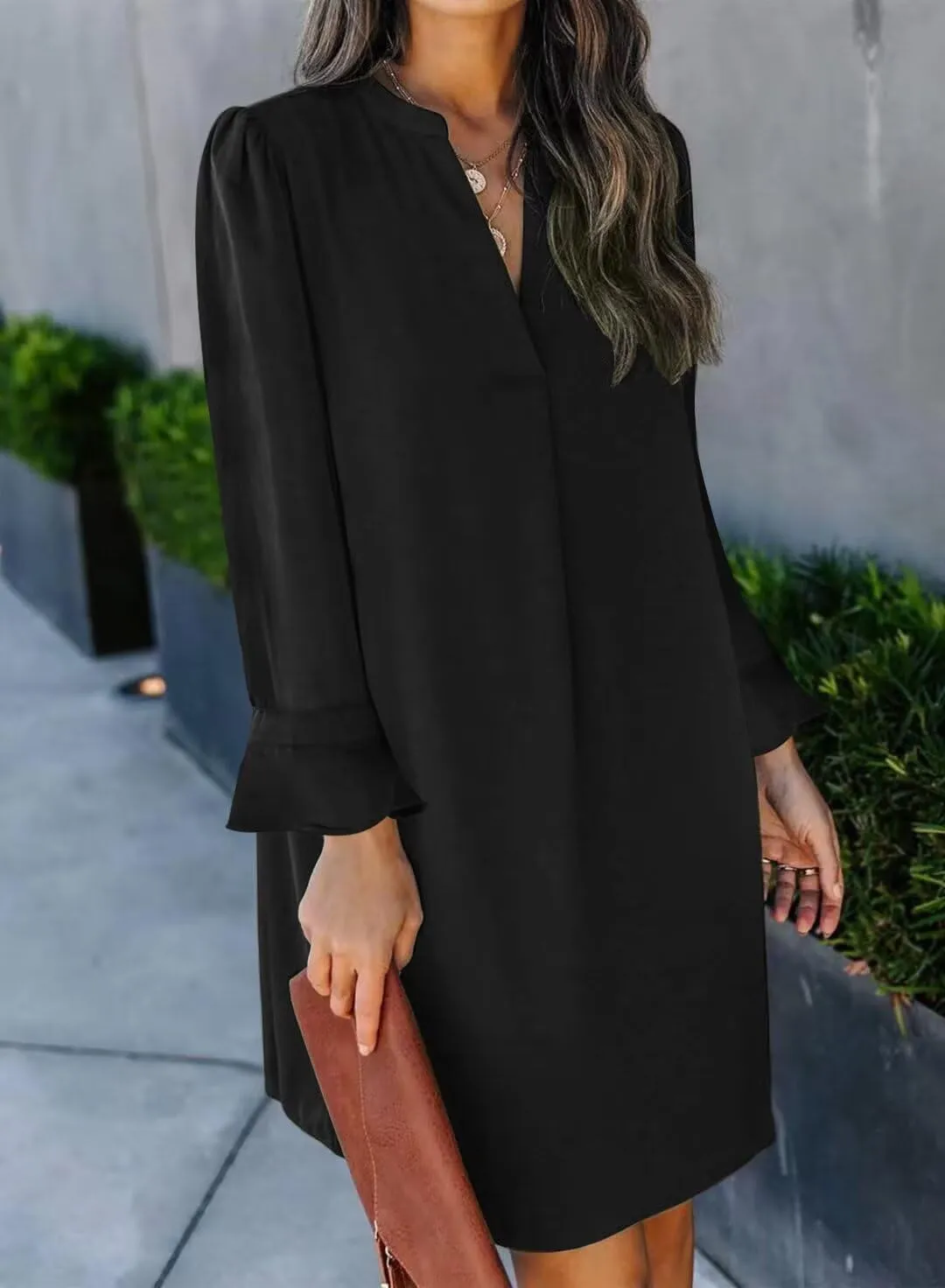 Wkior Long Sleeve Dress for Women V Neck Casual Cute Loose Flowy Swing Shift Dresses(S-2XL)