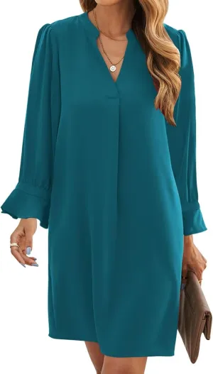 Wkior Long Sleeve Dress for Women V Neck Casual Cute Loose Flowy Swing Shift Dresses(S-2XL)