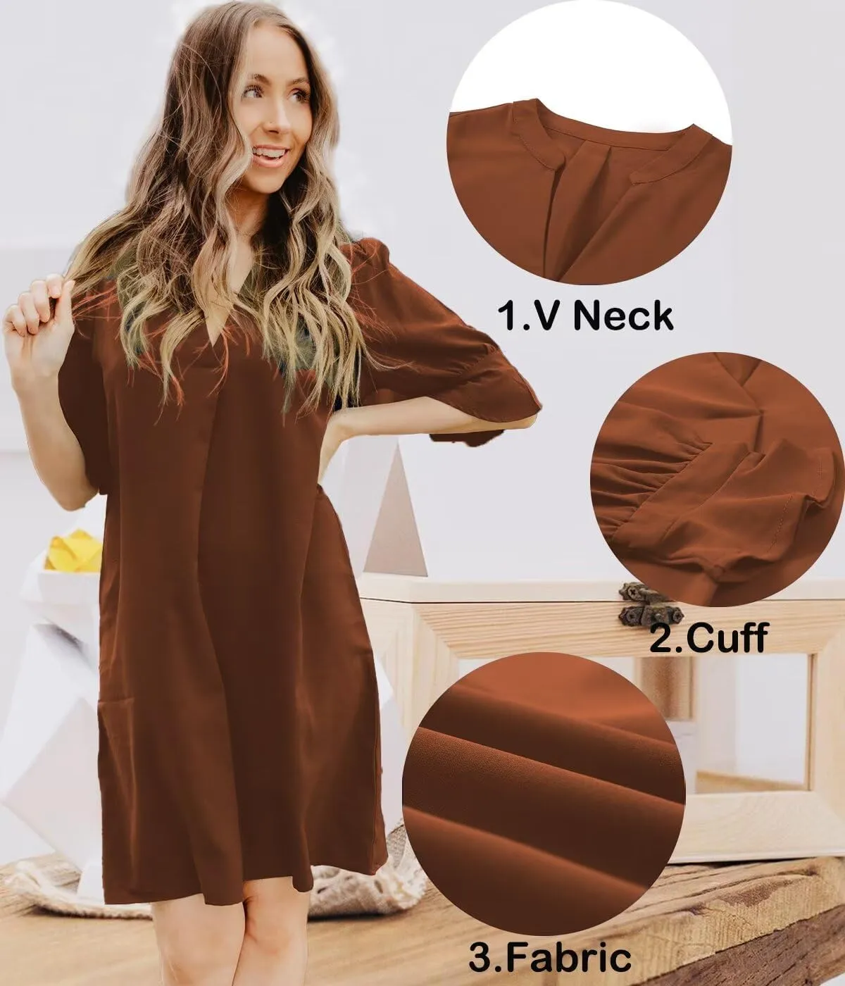 Wkior Shift Dress for Women V Neck Short Sleeves Solid Color Casual Flowy Summer Dresses(S-2XL)