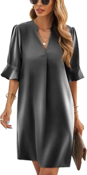 Wkior Shift Dress for Women V Neck Short Sleeves Solid Color Casual Flowy Summer Dresses(S-2XL)