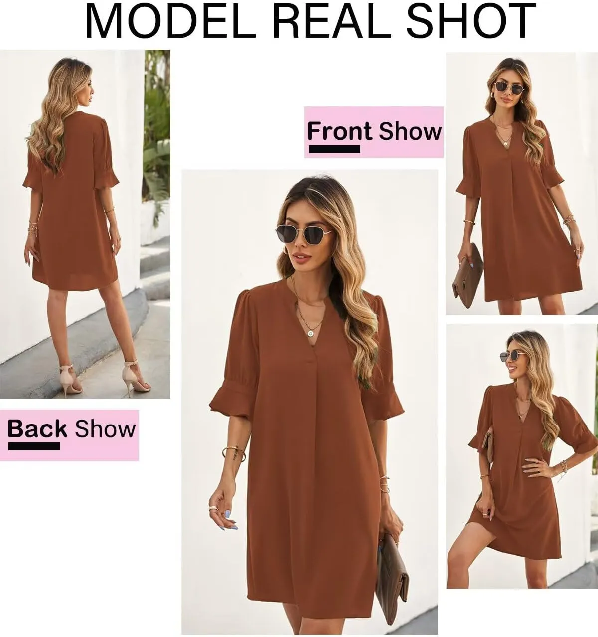 Wkior Shift Dress for Women V Neck Short Sleeves Solid Color Casual Flowy Summer Dresses(S-2XL)