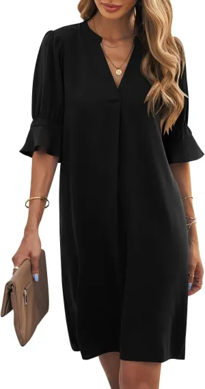 Wkior Shift Dress for Women V Neck Short Sleeves Solid Color Casual Flowy Summer Dresses(S-2XL)