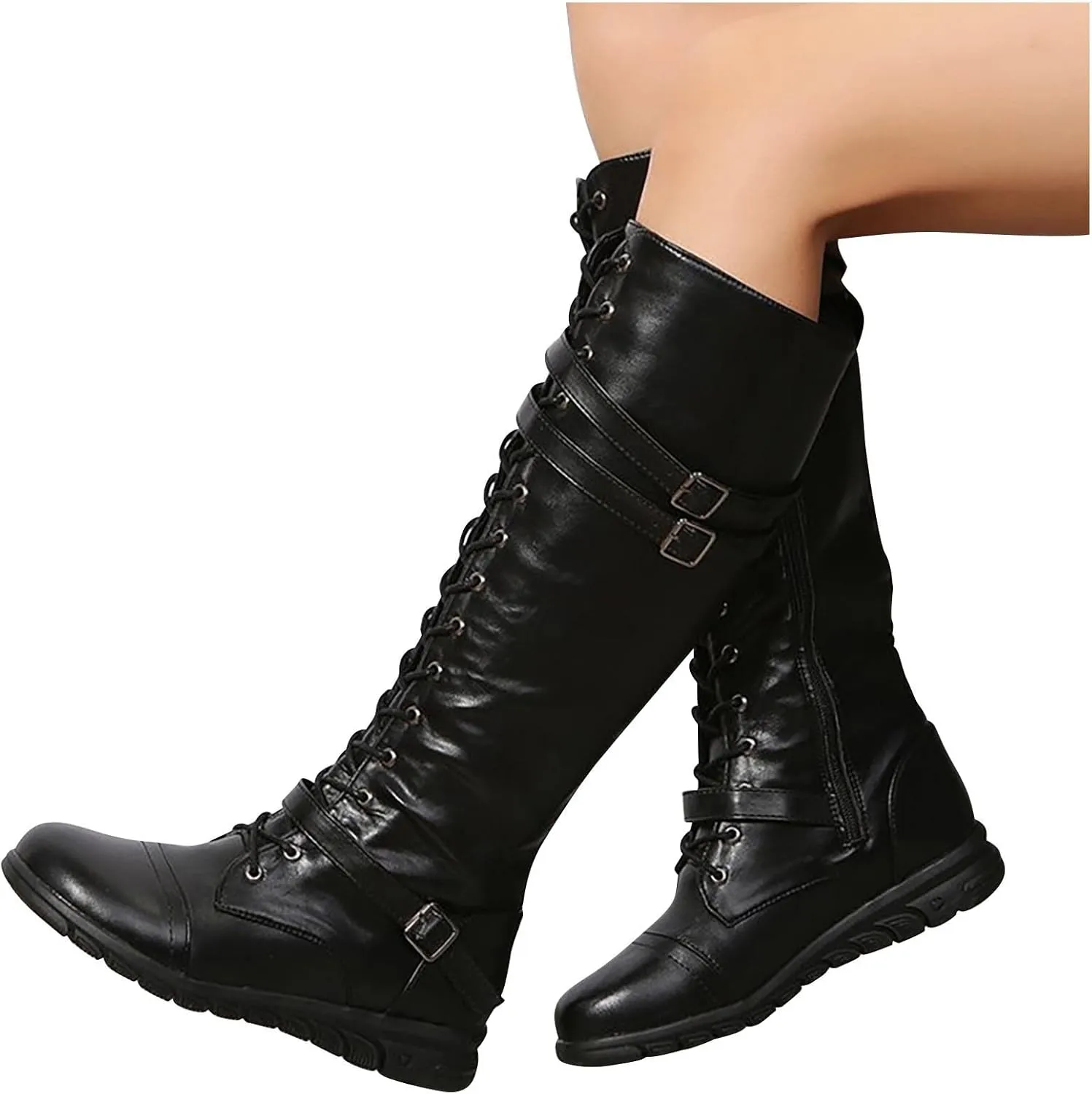 wodceeke Women's Knee High Riding Combat Boots Lace Up Wide Calf Leather Boots Side Zippr Fashion Buckle Boots