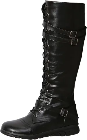 wodceeke Women's Knee High Riding Combat Boots Lace Up Wide Calf Leather Boots Side Zippr Fashion Buckle Boots