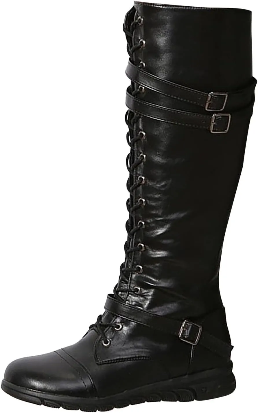 wodceeke Women's Knee High Riding Combat Boots Lace Up Wide Calf Leather Boots Side Zippr Fashion Buckle Boots