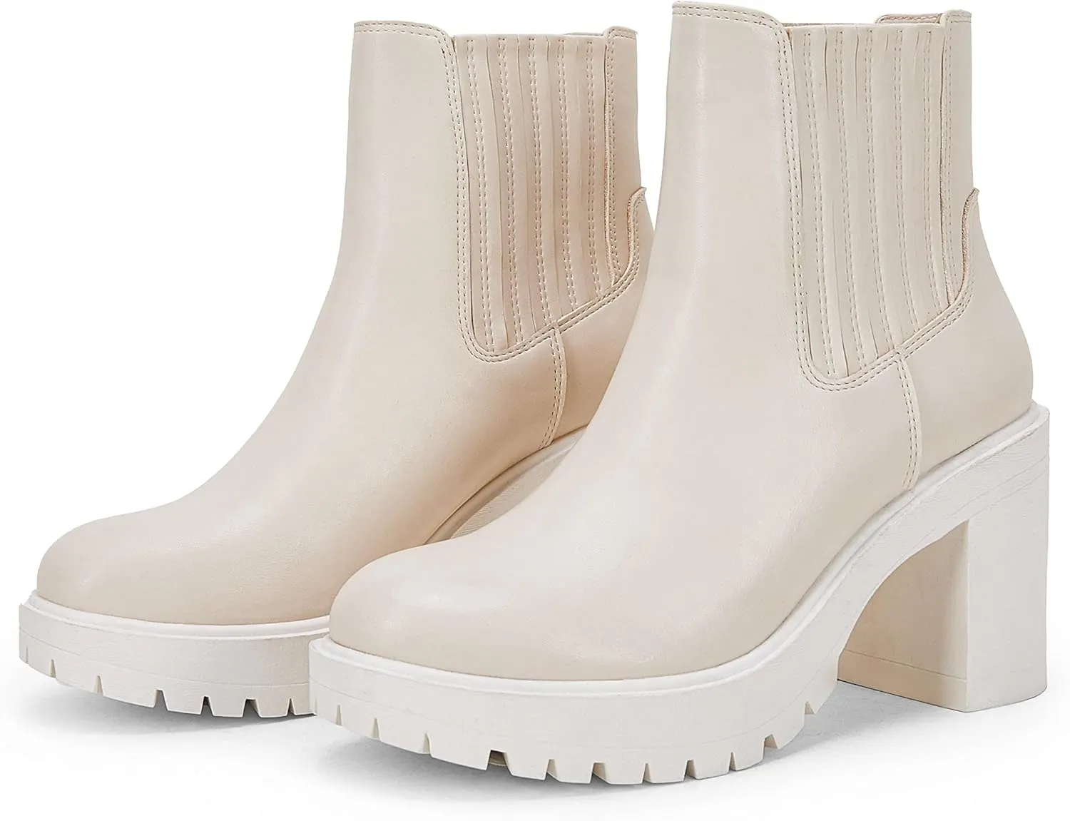 Womems Platform Lug Sole Ankle Boots Chunky Block Heel Seam Booties Combat Cozy Round Toe Chelsea Shoes