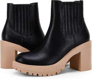 Womems Platform Lug Sole Ankle Boots Chunky Block Heel Seam Booties Combat Cozy Round Toe Chelsea Shoes