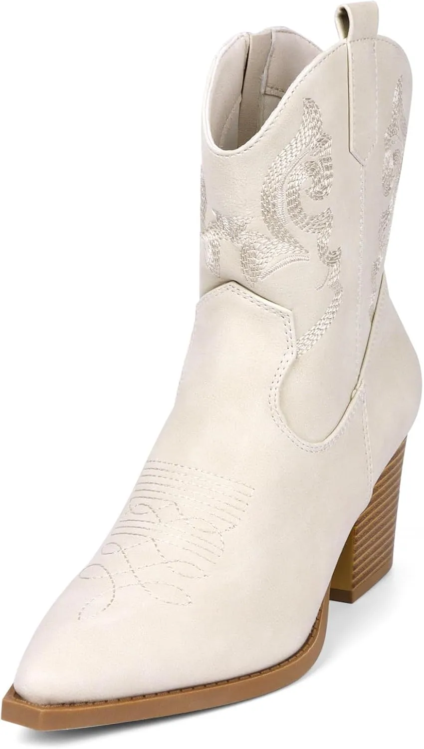 Women Ankle Cowboy Boots Western Cowgirl Boots Pointed Toe Booties Chunky Heel Embroidered Upper Zipper Pull on Ladies Short Boot