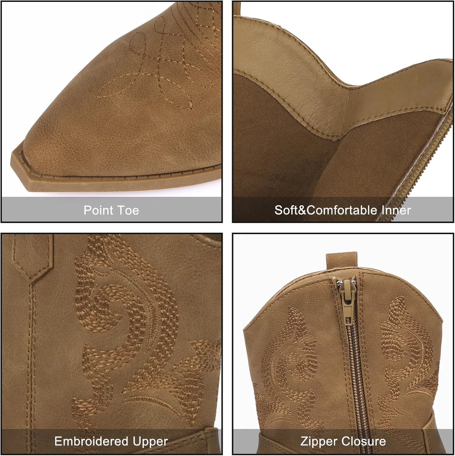 Women Ankle Cowboy Boots Western Cowgirl Boots Pointed Toe Booties Chunky Heel Embroidered Upper Zipper Pull on Ladies Short Boot