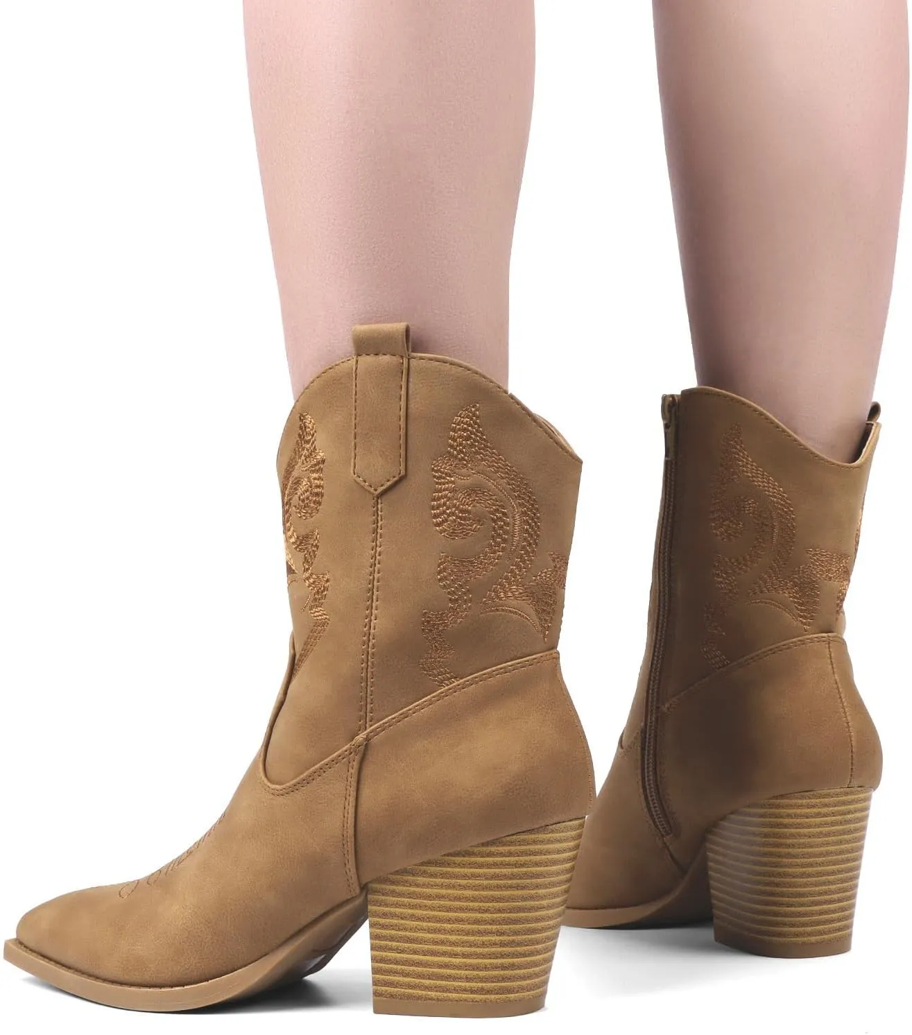 Women Ankle Cowboy Boots Western Cowgirl Boots Pointed Toe Booties Chunky Heel Embroidered Upper Zipper Pull on Ladies Short Boot