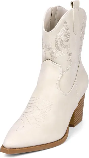 Women Ankle Cowboy Boots Western Cowgirl Boots Pointed Toe Booties Chunky Heel Embroidered Upper Zipper Pull on Ladies Short Boot
