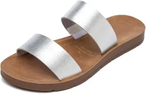 Women Casual Open Toe Two Bands with Elastic Fashion Slide Flat Sandal