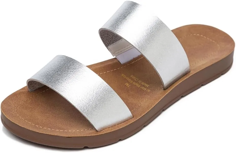 Women Casual Open Toe Two Bands with Elastic Fashion Slide Flat Sandal