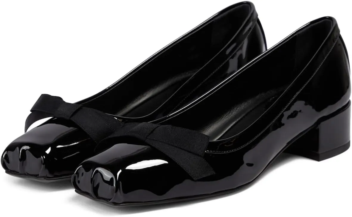 Women Chunky Block Heel Pumps Bow Square Toe 1.5 Inch Heels Dress Shoes Slip On Matte Patent Leather Closed Toe Sandals Dressy Office Work Pump Ladies Comfort Dance Wedding Shoe 4-11 M US