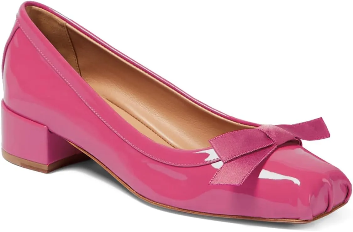 Women Chunky Block Heel Pumps Bow Square Toe 1.5 Inch Heels Dress Shoes Slip On Matte Patent Leather Closed Toe Sandals Dressy Office Work Pump Ladies Comfort Dance Wedding Shoe 4-11 M US