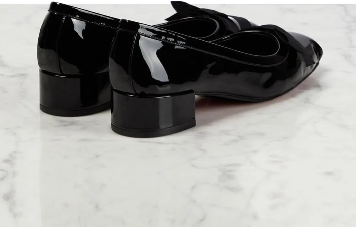 Women Chunky Block Heel Pumps Bow Square Toe 1.5 Inch Heels Dress Shoes Slip On Matte Patent Leather Closed Toe Sandals Dressy Office Work Pump Ladies Comfort Dance Wedding Shoe 4-11 M US