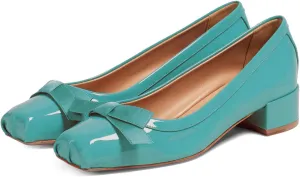 Women Chunky Block Heel Pumps Bow Square Toe 1.5 Inch Heels Dress Shoes Slip On Matte Patent Leather Closed Toe Sandals Dressy Office Work Pump Ladies Comfort Dance Wedding Shoe 4-11 M US