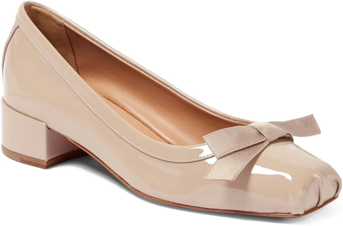 Women Chunky Block Heel Pumps Bow Square Toe 1.5 Inch Heels Dress Shoes Slip On Matte Patent Leather Closed Toe Sandals Dressy Office Work Pump Ladies Comfort Dance Wedding Shoe 4-11 M US