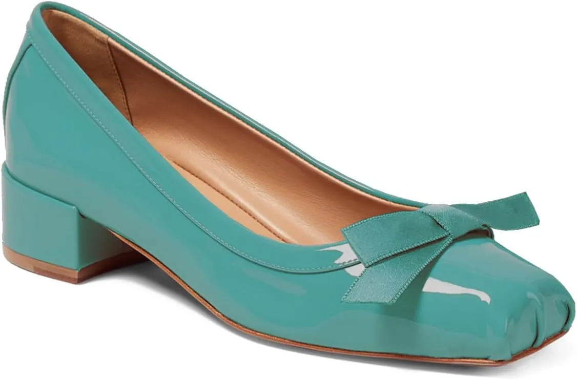 Women Chunky Block Heel Pumps Bow Square Toe 1.5 Inch Heels Dress Shoes Slip On Matte Patent Leather Closed Toe Sandals Dressy Office Work Pump Ladies Comfort Dance Wedding Shoe 4-11 M US