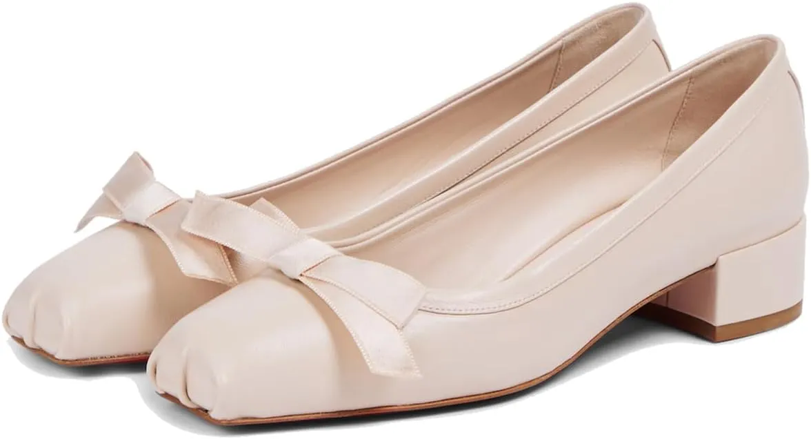 Women Chunky Block Heel Pumps Bow Square Toe 1.5 Inch Heels Dress Shoes Slip On Matte Patent Leather Closed Toe Sandals Dressy Office Work Pump Ladies Comfort Dance Wedding Shoe 4-11 M US