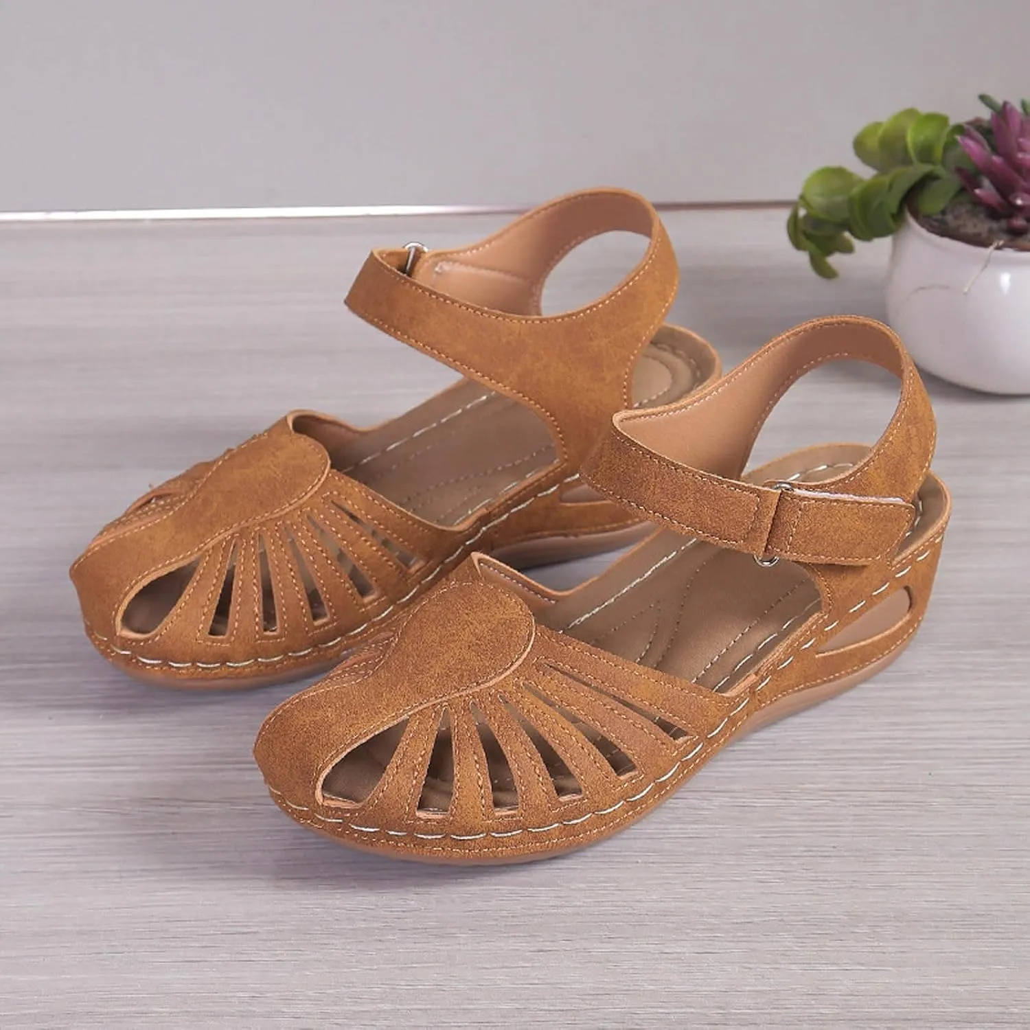 Women Close Toe Walking Sandals Dress Summer Wedges Heels for Women Ankle Strap Orthopedic Sandals Hollow Beach Shoes