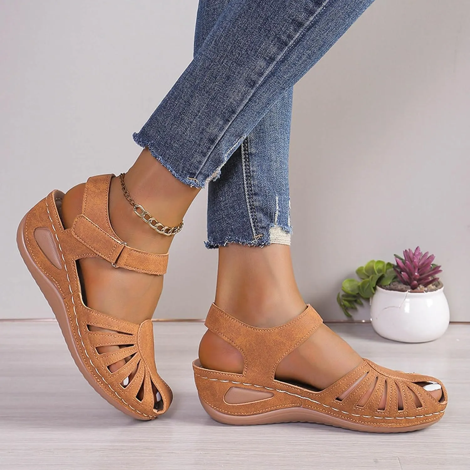 Women Close Toe Walking Sandals Dress Summer Wedges Heels for Women Ankle Strap Orthopedic Sandals Hollow Beach Shoes