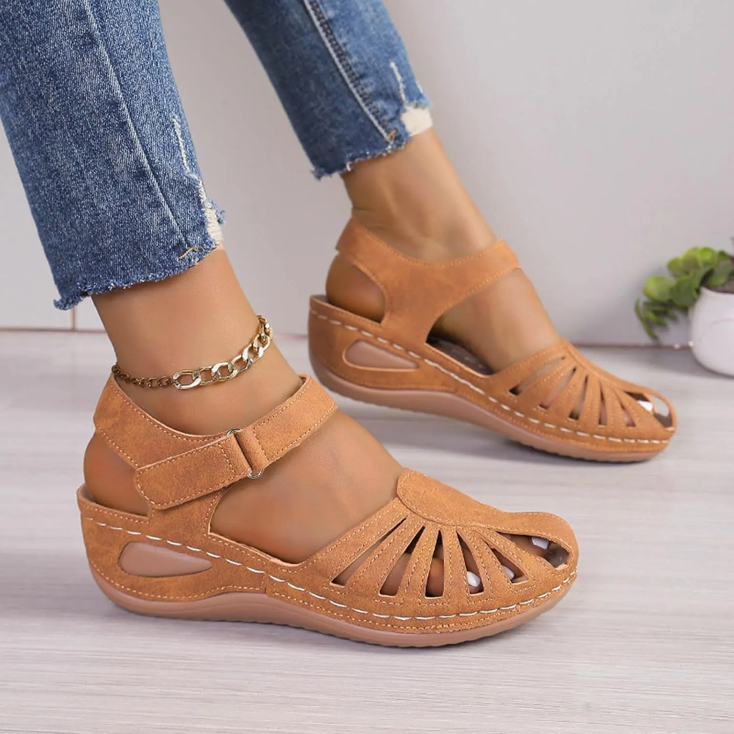 Women Close Toe Walking Sandals Dress Summer Wedges Heels for Women Ankle Strap Orthopedic Sandals Hollow Beach Shoes