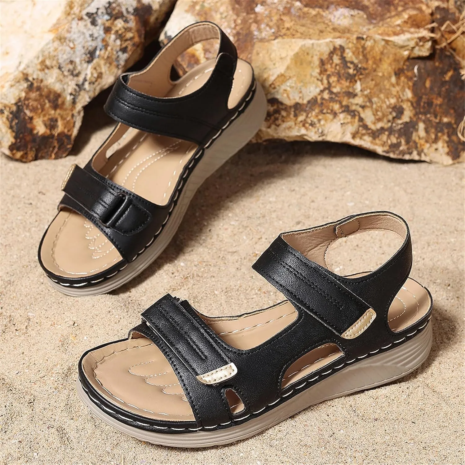 Women Comfortable Sandals Orthotic Walking Orthopedic Arch Support Dressy Casual Platform Hollow Flat Sandal Non-Slip Peep Toe Slingback Wide Width Adjustable Hook Loop Flip Flops
