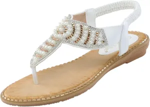 Women Flat Sandals Bohemia Pearl Sequins Summer Dress Shoes Open Toe Comfort Slingback Elastic Ankle Strap Sandals