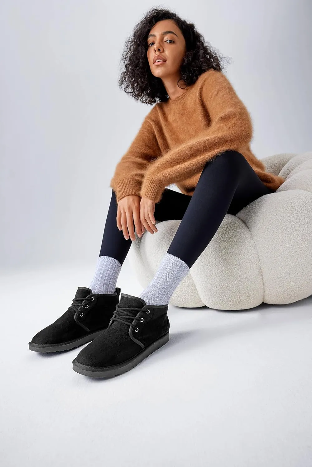 Women Fur Lined Ankle Boots Genuine Suede Faux Cozy Winter Lace Up Warm Short Booties