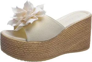 Women Platform Beach Slippers Wedge Heel Flip Flops Shoes Sandals Open Toe Ankle Dress Pumps Flower Muffins Shoe Platform Patent Leather Dress Sandal Beach Vacation Travel Slipper