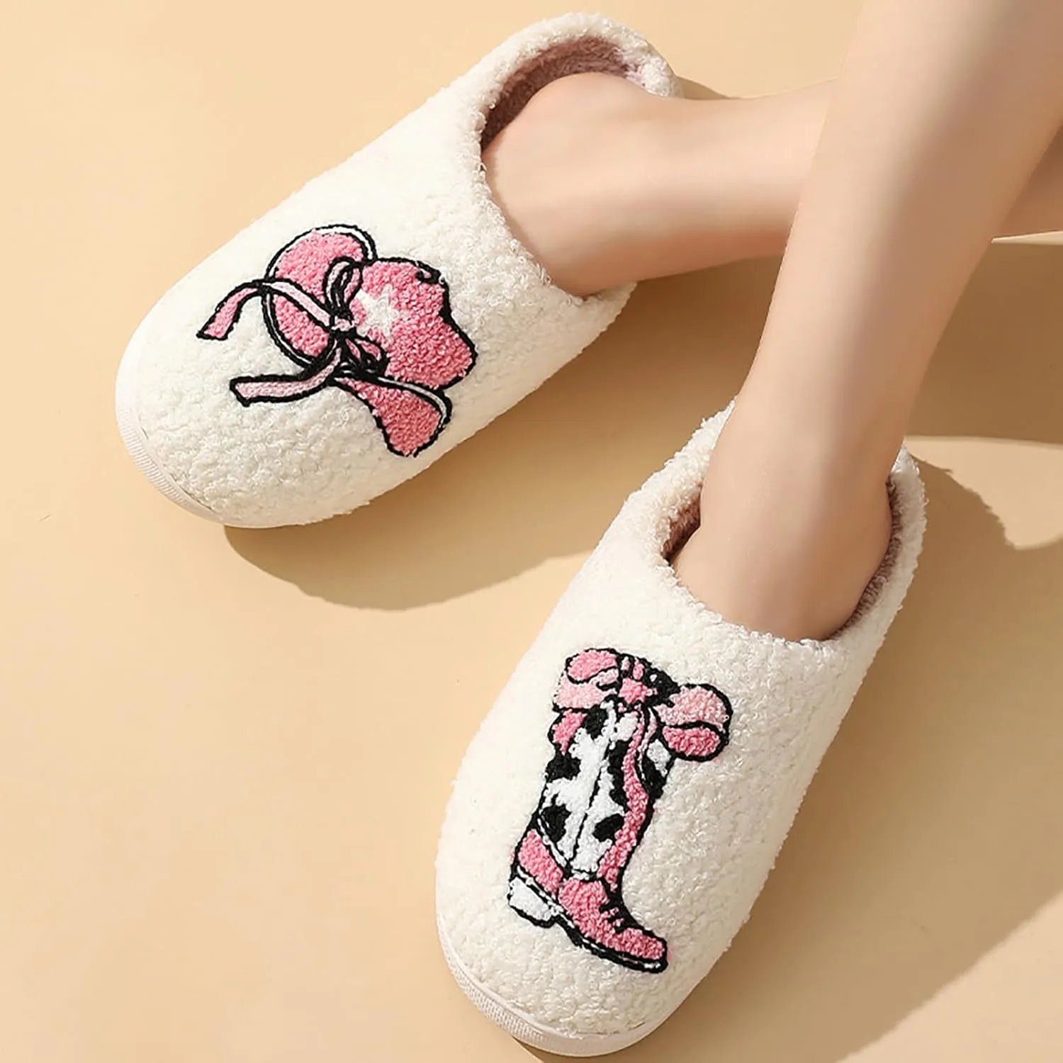 Women Retro Cowgirl Cowboy Boots Slippers Plush Embroidered Cowgirl Hat Slippers Winter Cozy Warm House Shoes Indoor Outdoor