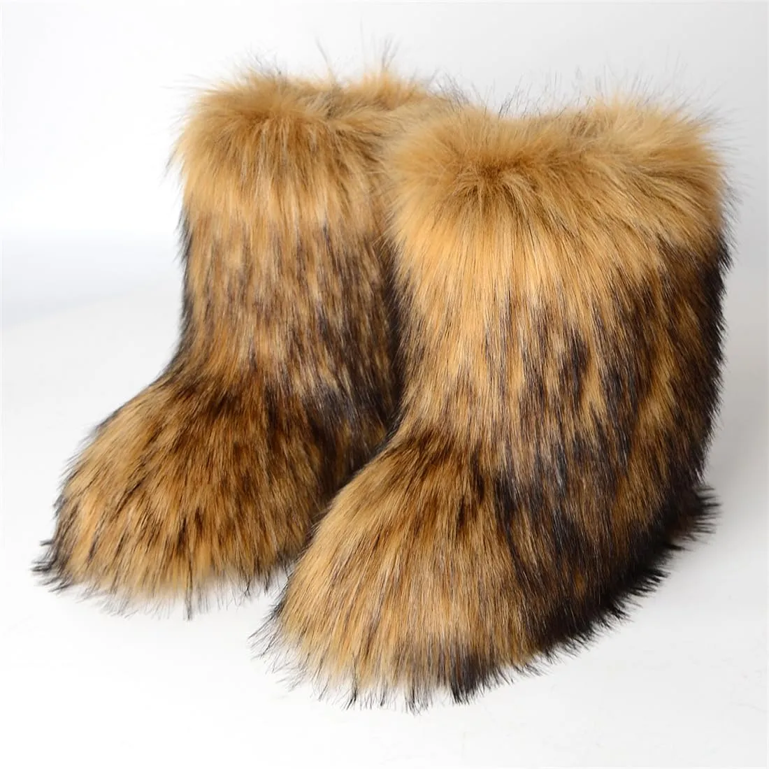 Women Winter Fluffy Faux Fox Fur Boots Plush Warm Snow Boots Luxury Footwear Girls' Furry Bottes Fashion Shoe (8, Brown)
