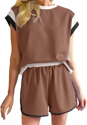 Womens 2 Piece Lounge Sets Cap Sleeve Pullover Top and Matching Shorts Contrast Color Outfit Casual Summer Tracksuits
