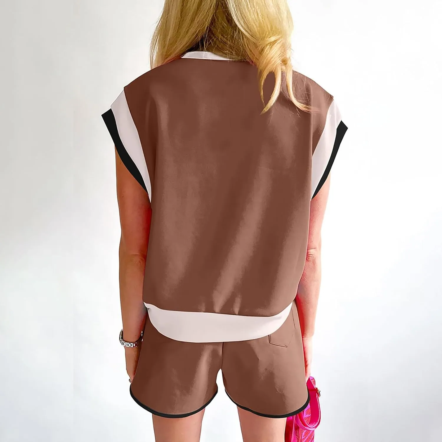 Womens 2 Piece Lounge Sets Cap Sleeve Pullover Top and Matching Shorts Contrast Color Outfit Casual Summer Tracksuits