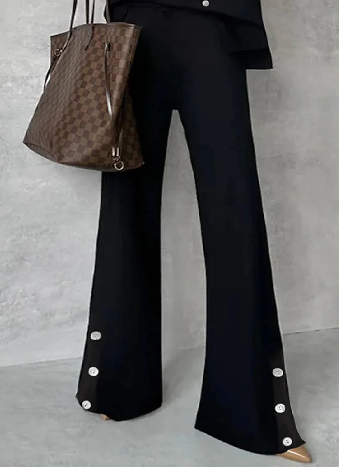 Women's 2025 Summer 2 Piece Set Long Sleeve Round Neck Loose Tops Straight Flared Pants Plain Office Outfits with Button