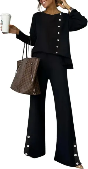 Women's 2025 Summer 2 Piece Set Long Sleeve Round Neck Loose Tops Straight Flared Pants Plain Office Outfits with Button