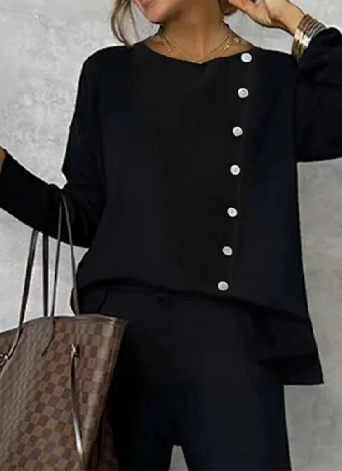 Women's 2025 Summer 2 Piece Set Long Sleeve Round Neck Loose Tops Straight Flared Pants Plain Office Outfits with Button