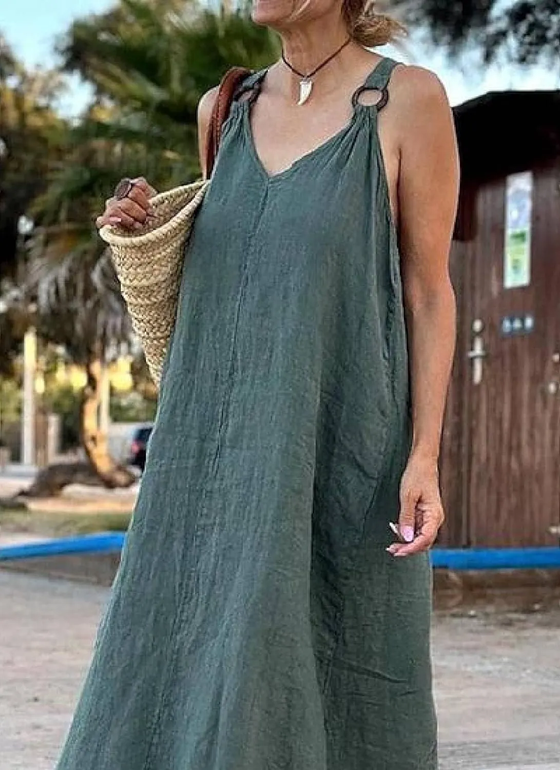 Women's 2025 Summer Baggy Green Plain V-Neck Sleeveless Straps Maxi Dress Casual Beach Vacation Travel Dresses