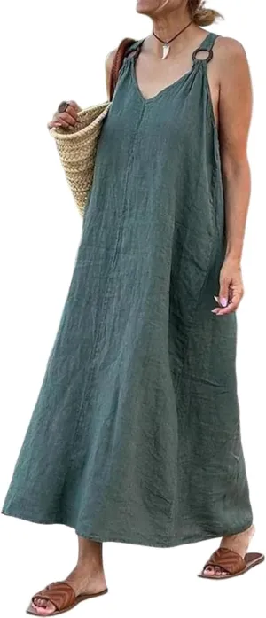 Women's 2025 Summer Baggy Green Plain V-Neck Sleeveless Straps Maxi Dress Casual Beach Vacation Travel Dresses