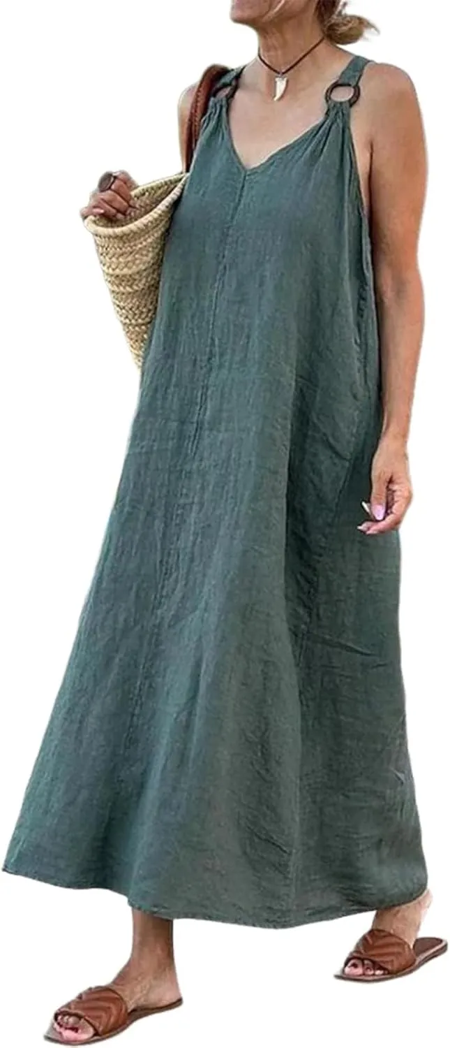 Women's 2025 Summer Baggy Green Plain V-Neck Sleeveless Straps Maxi Dress Casual Beach Vacation Travel Dresses