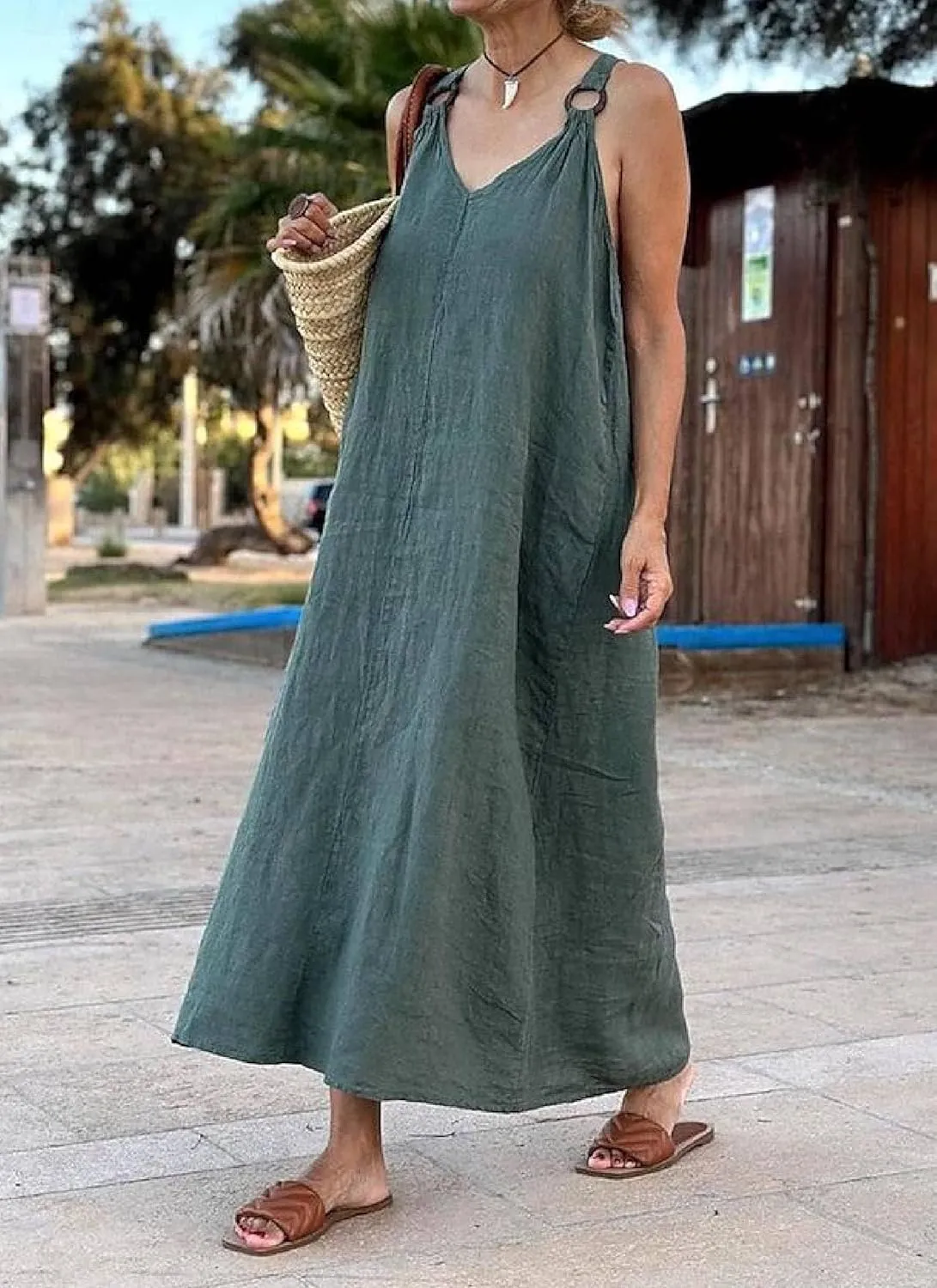 Women's 2025 Summer Baggy Green Plain V-Neck Sleeveless Straps Maxi Dress Casual Beach Vacation Travel Dresses