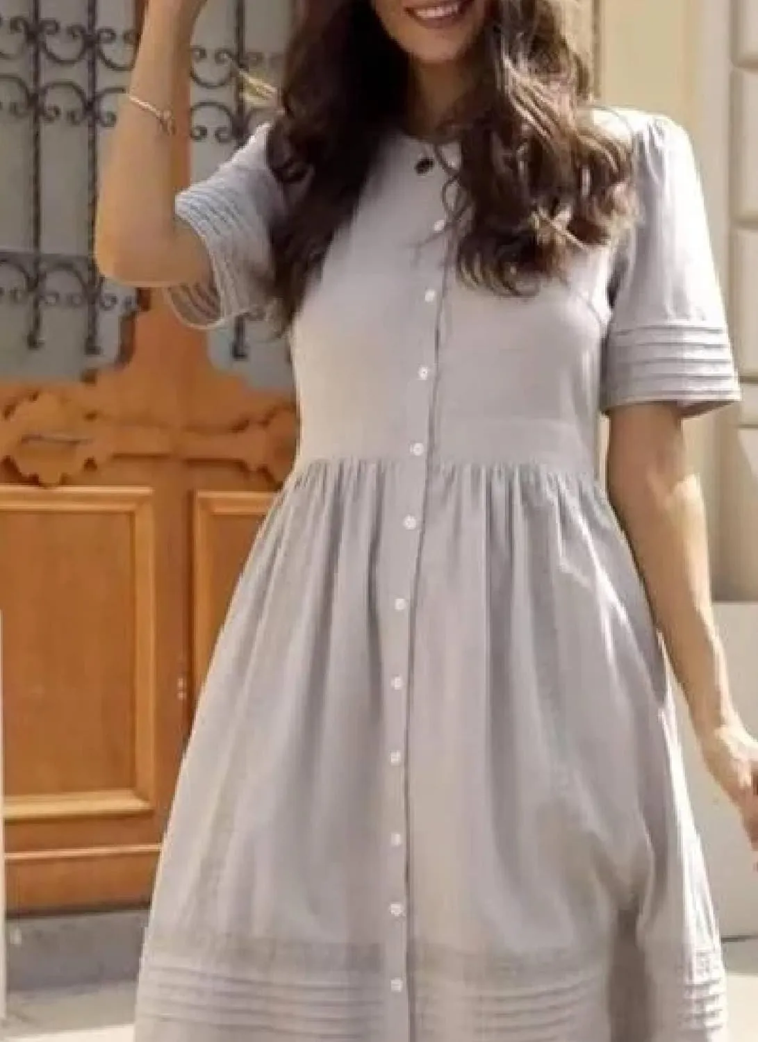 Women's 2025 Summer Casual Grey Plain Round Neck Short Sleeve Side Pocket Midi Dress Loose Beach Vacation Dresses