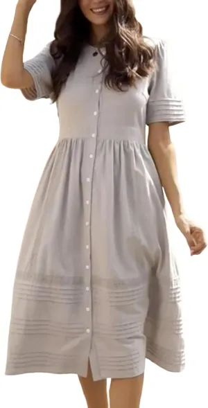 Women's 2025 Summer Casual Grey Plain Round Neck Short Sleeve Side Pocket Midi Dress Loose Beach Vacation Dresses